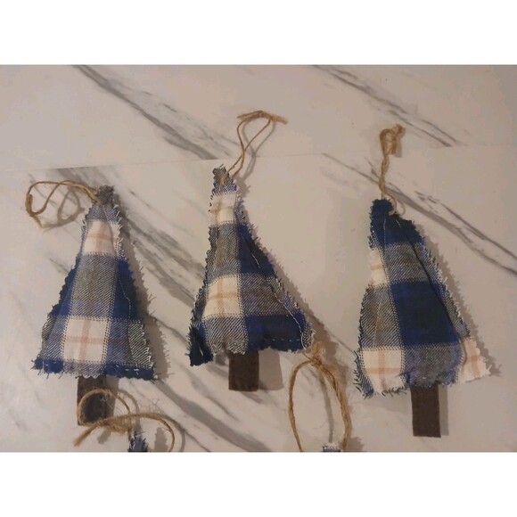 Christmas Ornament  Primitive Handmade Gift Country Cottage Plaid Tree- Set of 5 - Picture 2 of 3